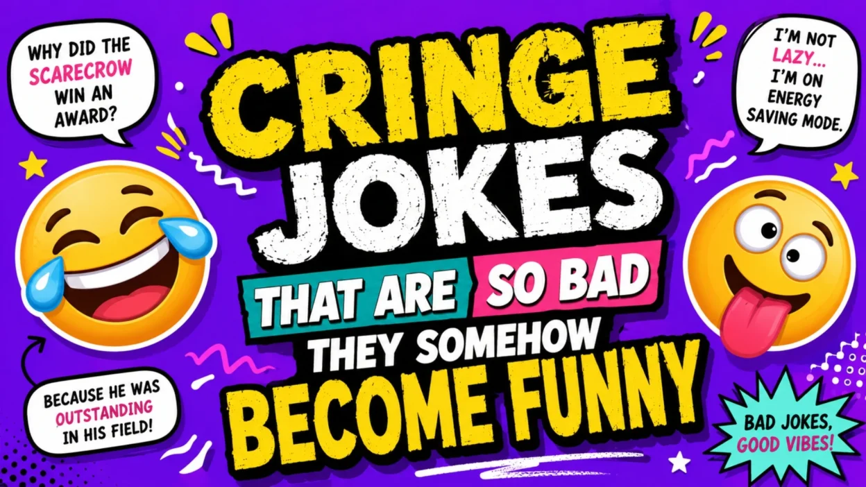 Funny cringe jokes illustration with awkward characters laughing at cheesy humor