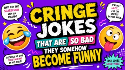 Funny cringe jokes illustration with awkward characters laughing at cheesy humor