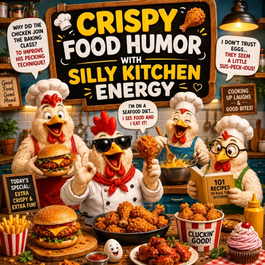 Crispy food humor image with cartoon chef chickens, fried chicken, burgers, and funny kitchen jokes
