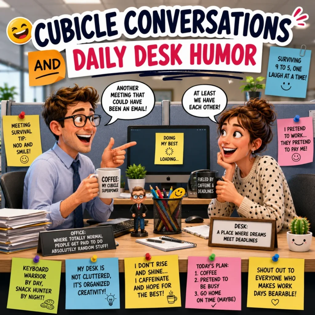 Cubicle conversation humor image with coworkers laughing, coffee mugs, sticky notes, and funny office desk jokes