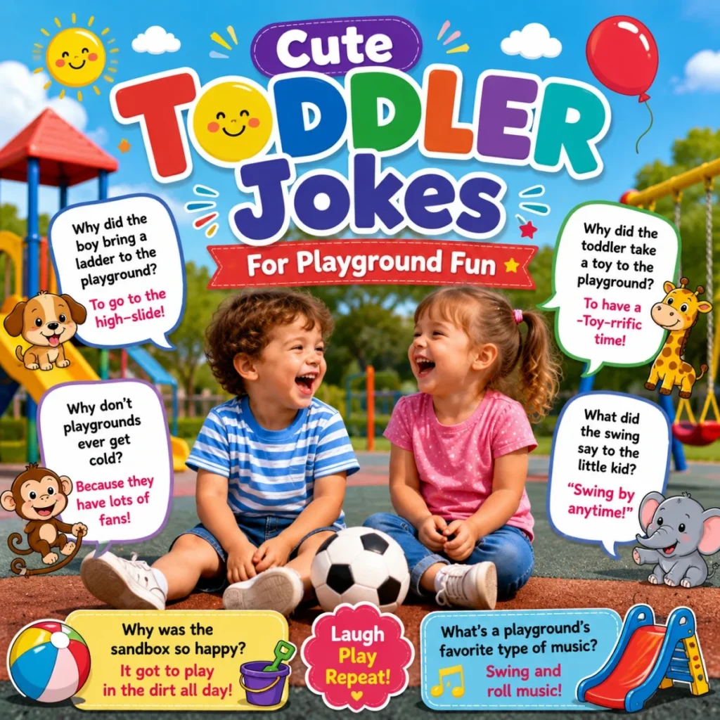 Cute toddler jokes playground image with happy kids, balloons, and outdoor fun