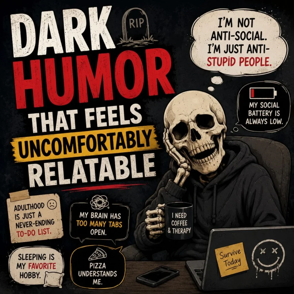 Dark humor graphic with skeleton, coffee mug, laptop, and relatable adult life jokes