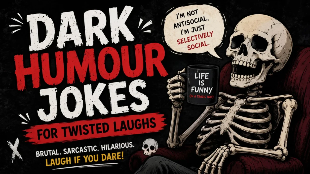 Dark humour jokes image with laughing skeleton, bold text, and twisted comedy theme
