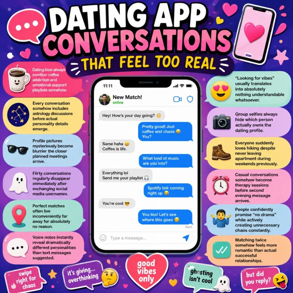 Dating app conversations graphic with phone chat bubbles, hearts, emojis, and funny online dating humor
