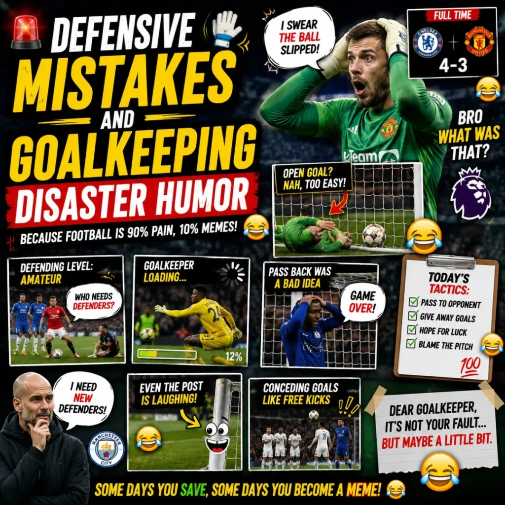 Defensive mistakes and goalkeeping disaster humor graphic with football memes and fan reactions