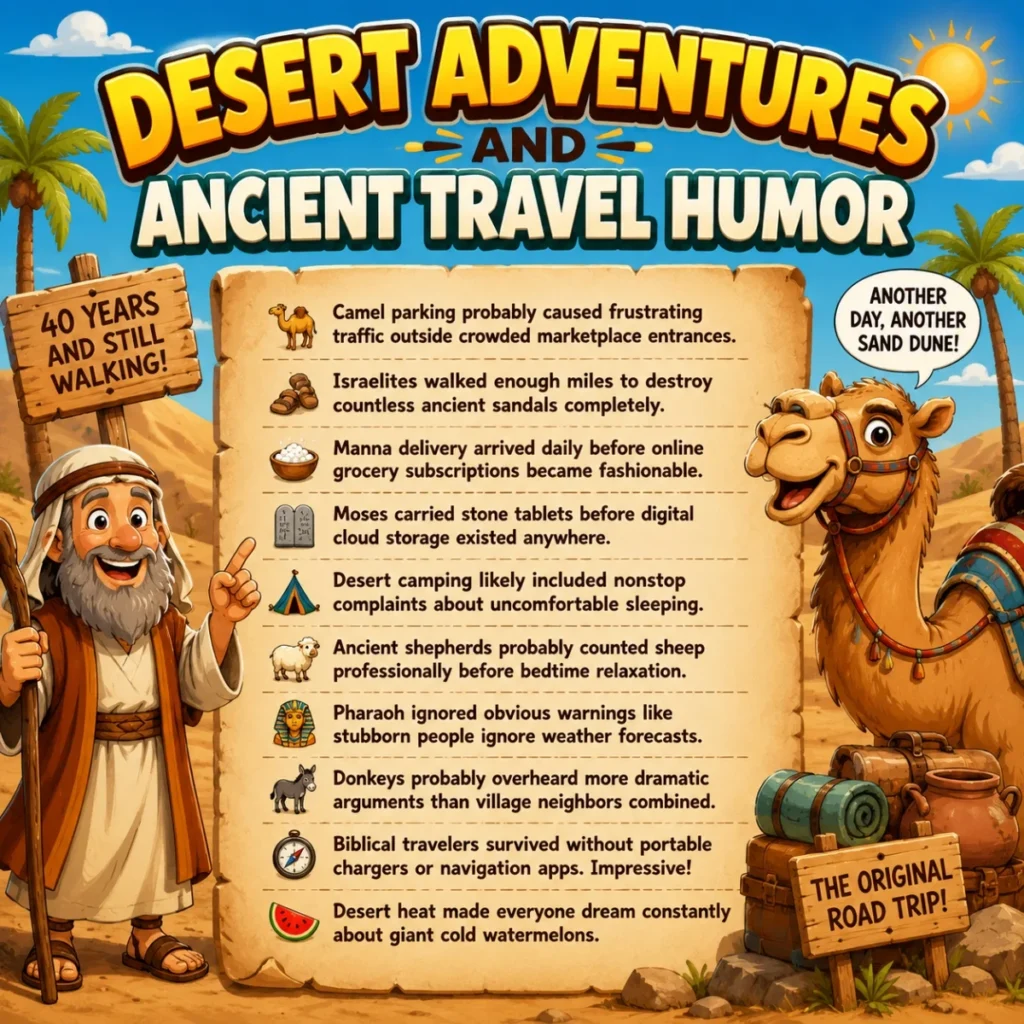 Desert travel humor image with camel, ancient traveler, Bible jokes, and funny desert adventure theme