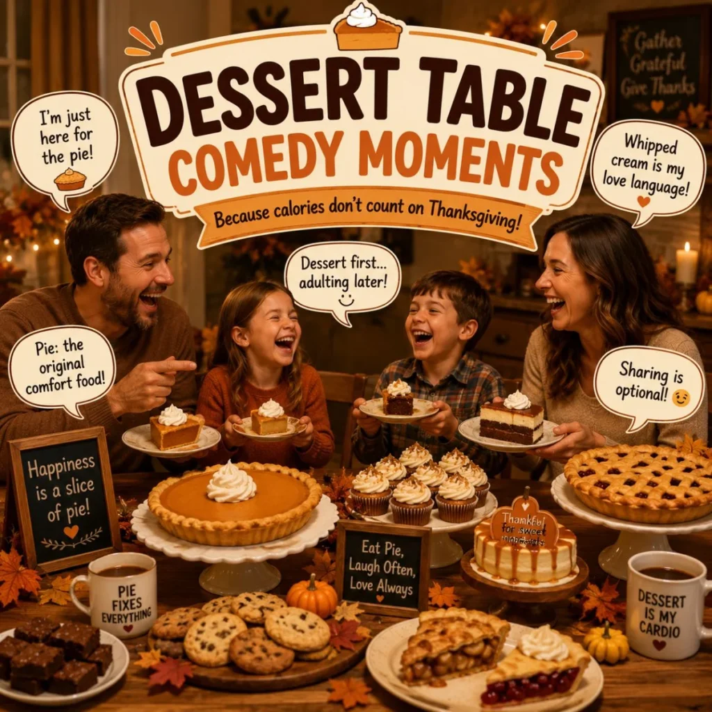 Thanksgiving dessert table comedy moments with family laughter, pumpkin pie, cupcakes, and festive holiday sweets