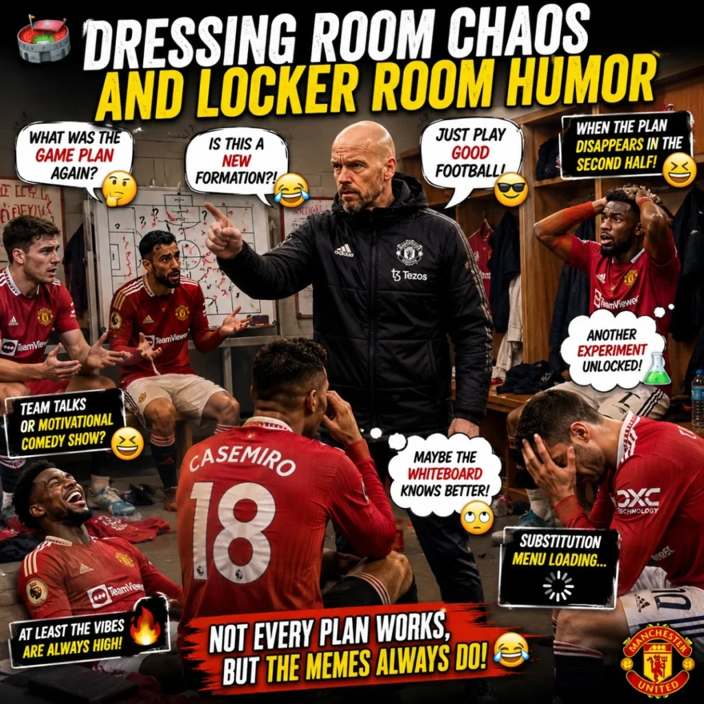 Dressing room chaos football meme with confused players, coach, tactics board, and locker room humor