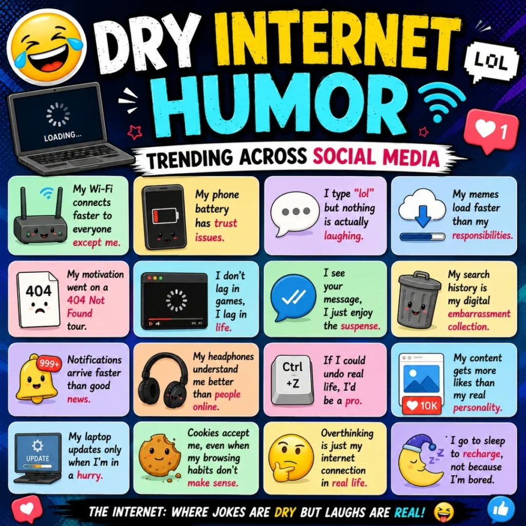 Dry internet humor poster with memes, social media icons, Wi-Fi jokes, and colorful digital comedy panels