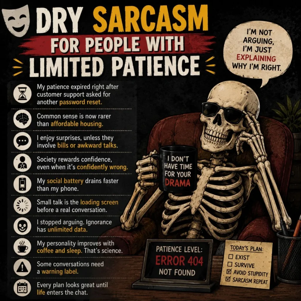 Dry sarcasm image with dark comedy style, tired mood, and limited patience humor