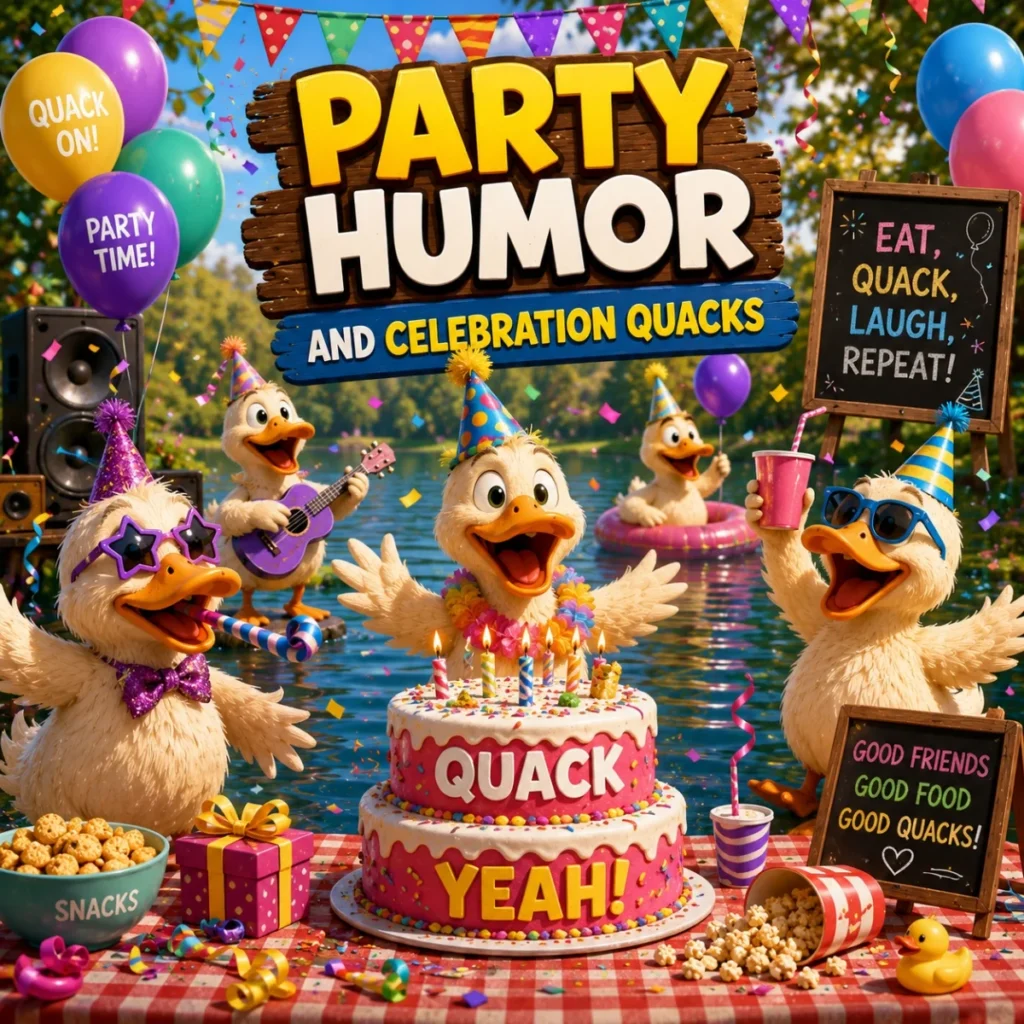 Funny ducks celebrating with cake, balloons, and party hats for duck party humor