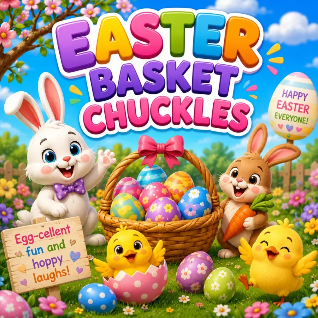 Easter basket chuckles with cute bunnies, chicks, colorful eggs, flowers, and cheerful spring fun