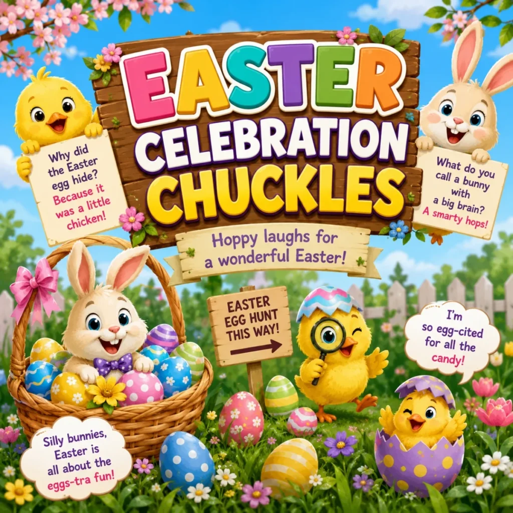 Easter celebration chuckles with cute bunnies, chicks, colorful eggs, and spring flowers