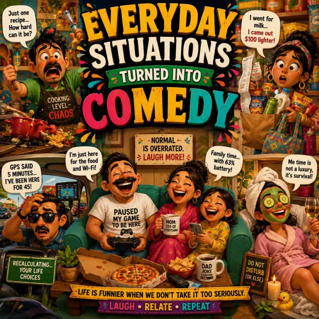 Everyday comedy poster with funny family moments, cooking chaos, shopping humor, and relatable life jokes