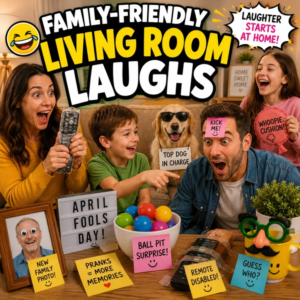 Family-friendly living room laughs image with April Fools pranks, smiling kids, parents, and funny dog
