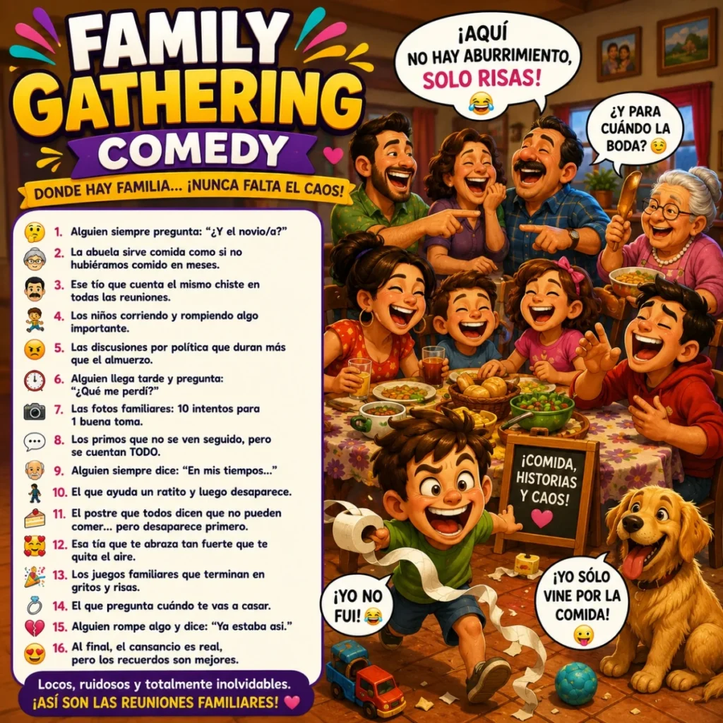 Family gathering comedy poster with laughing relatives, dinner chaos, and funny Spanish jokes