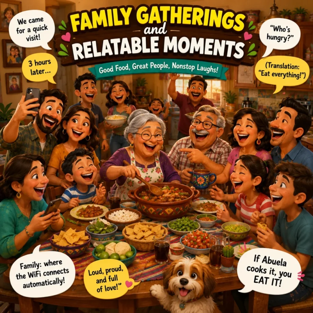 Family gathering comedy image with relatives sharing food, laughter, and relatable funny moments