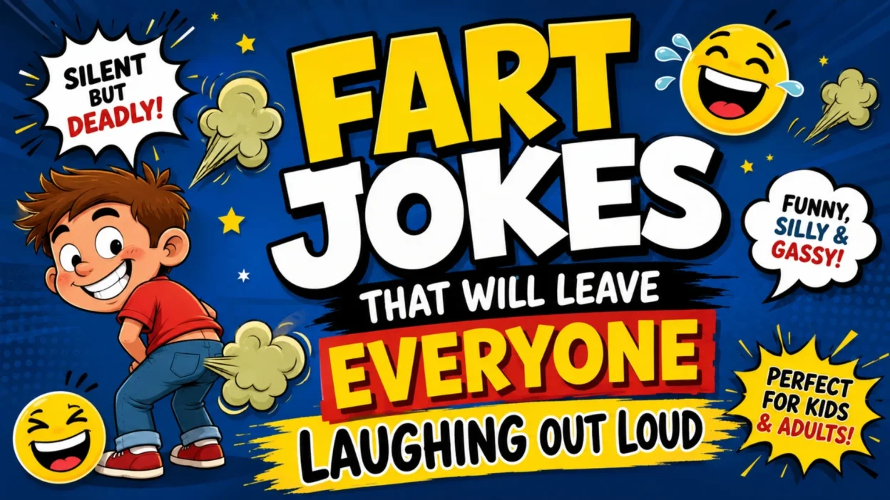 Funny fart jokes illustration with laughing cartoon characters and playful comedy gas clouds