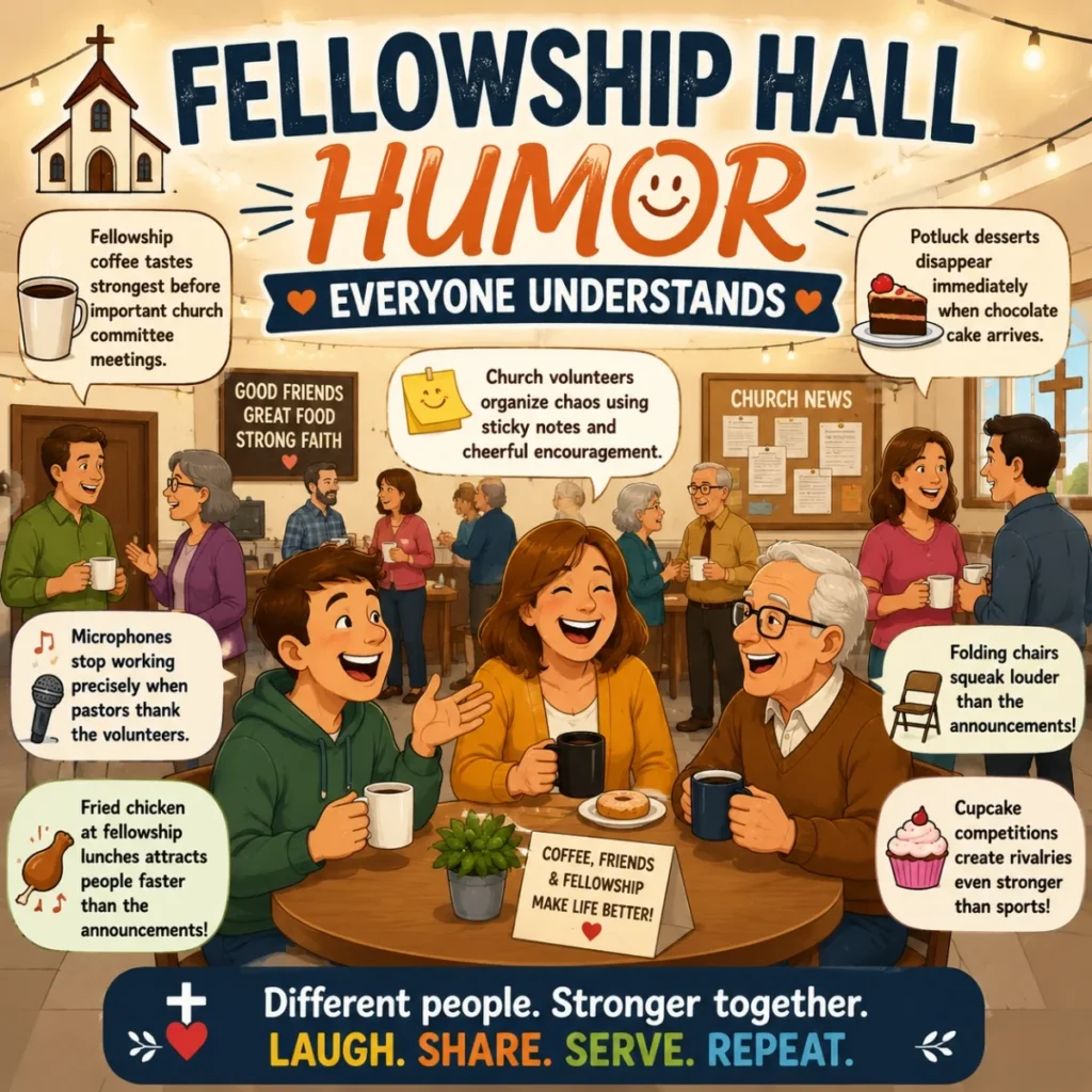Fellowship hall humor image with church friends sharing coffee, laughter, food, and faith
