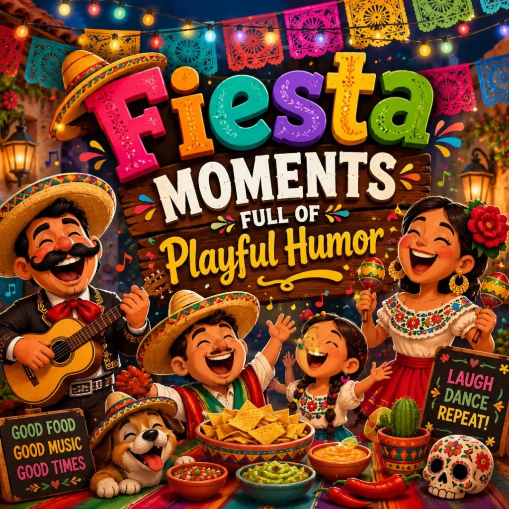 Colorful fiesta humor illustration with mariachi music, tacos, dancing family, and festive Mexican decorations