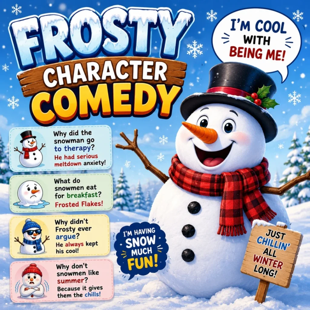 Frosty character comedy image with smiling snowman, snowy forest, speech bubbles, and winter joke cards