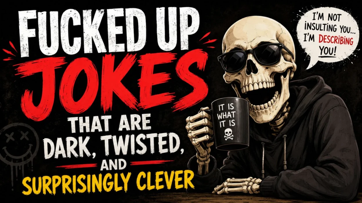 Dark fucked up jokes graphic with skeleton, bold red typography, and twisted comedy theme
