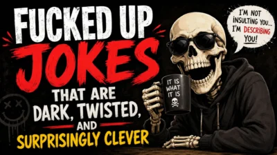 Dark fucked up jokes graphic with skeleton, bold red typography, and twisted comedy theme