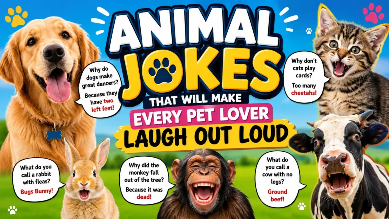Funny animal jokes poster with dog, cat, rabbit, monkey, and cow laughing together
