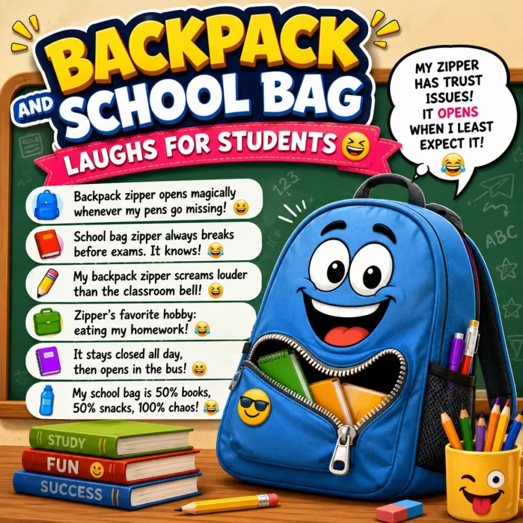Funny backpack zipper jokes poster with smiling school bag, books, pencils, and classroom humor