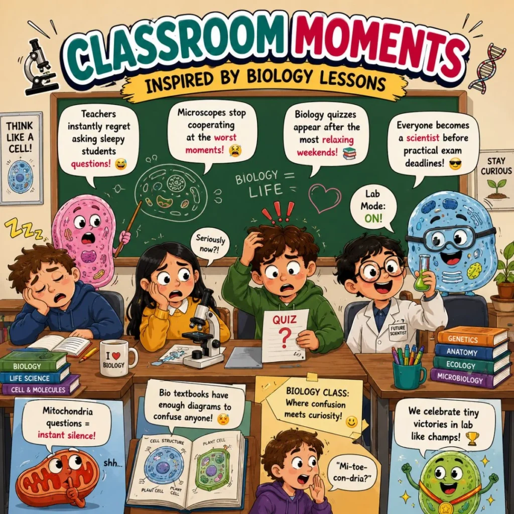 Funny biology classroom illustration with students, microscopes, cells, and science humor moments