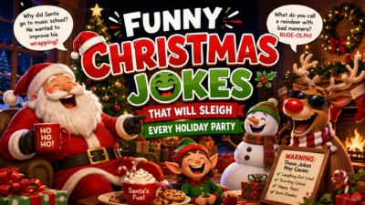 Funny Christmas jokes banner with Santa, reindeer, gifts, and festive holiday party lights