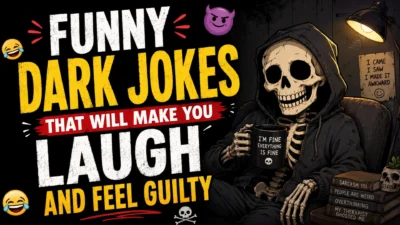 Funny dark jokes thumbnail with laughing skeleton, bold text, and dark humor meme style