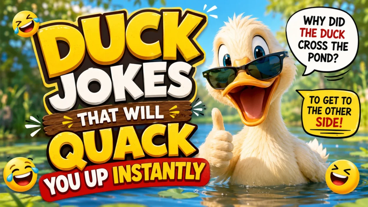 Funny ducks by a bright pond for duck jokes and family-friendly quack humor