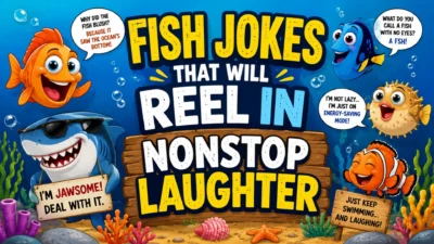Funny fish jokes poster with cartoon sea creatures, ocean bubbles, coral, and bold underwater humor text