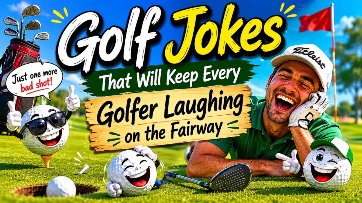 Funny golf jokes thumbnail with smiling golf ball, fairway, clubs, and bold comedy text