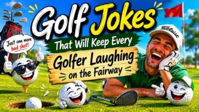 Funny golf jokes thumbnail with smiling golf ball, fairway, clubs, and bold comedy text