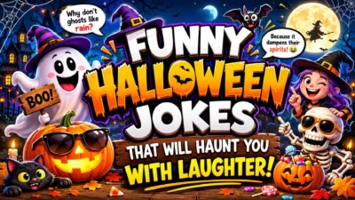 Funny Halloween jokes banner with ghost, pumpkin, witch, skeleton, bats, and spooky moon