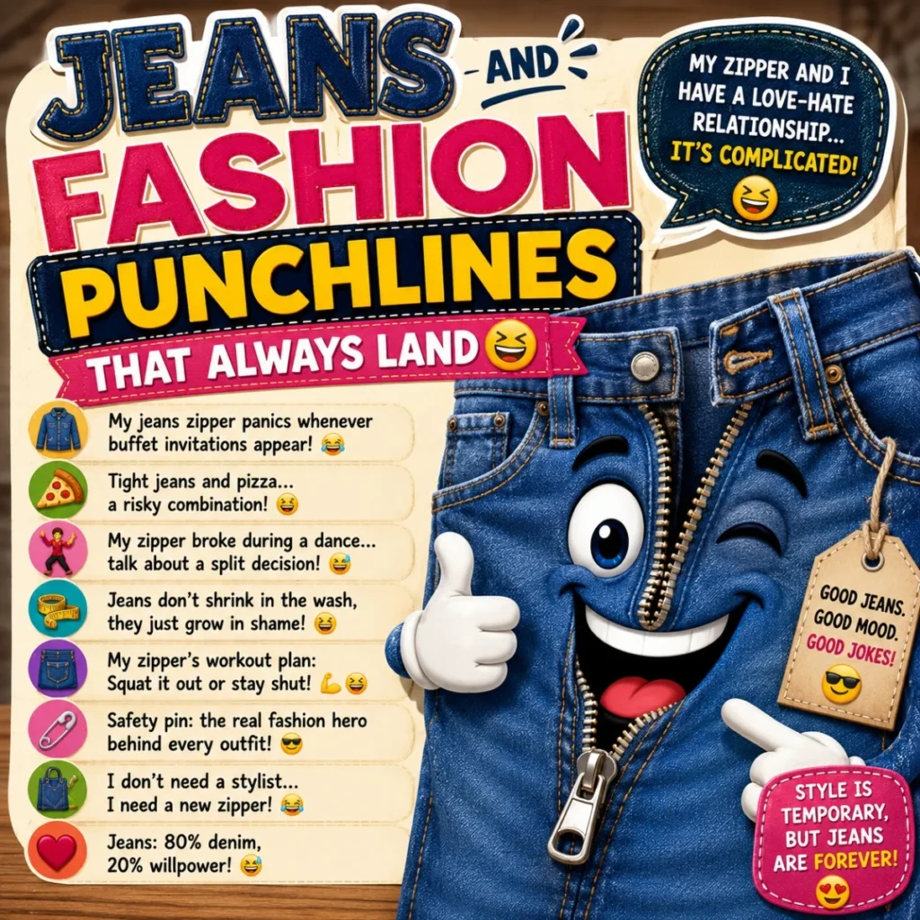 Funny jeans zipper jokes graphic with denim fashion humor, playful punchlines, and colorful cartoon style
