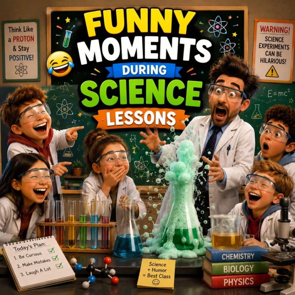 Funny science lesson poster with laughing students, teacher, lab experiment, and classroom humor