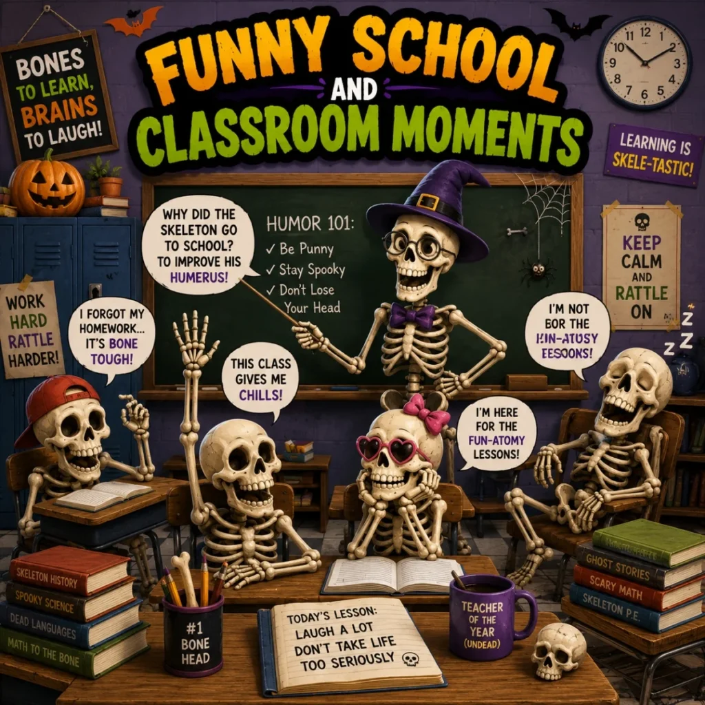 Funny skeleton classroom image with Halloween teacher, students, books, pumpkins, and spooky school jokes