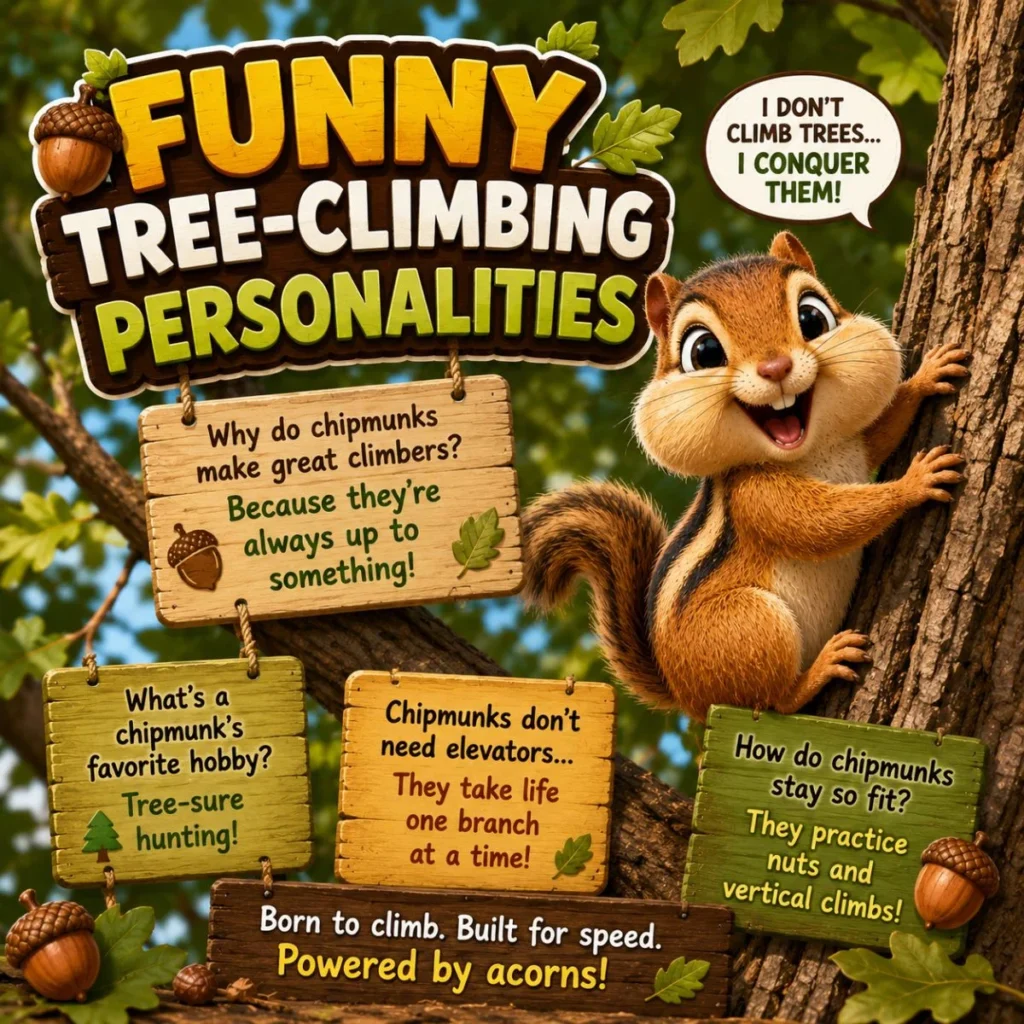 Cartoon chipmunk climbing a tree with funny tree-climbing jokes in a colorful woodland poster