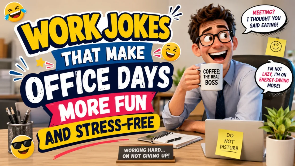 Funny work jokes office banner with smiling employee, coffee mug, laptop, emojis, and stress-free humor text