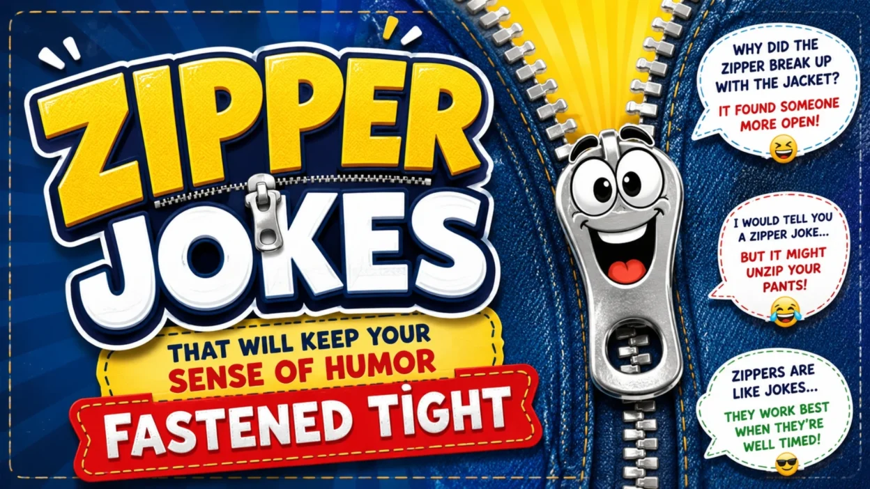Funny zipper jokes graphic with cartoon zipper character, denim background, and bold humor text