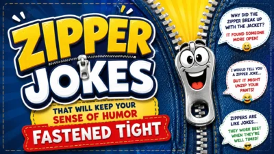 Funny zipper jokes graphic with cartoon zipper character, denim background, and bold humor text