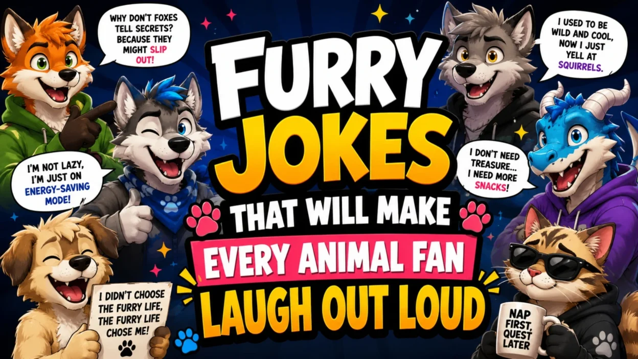 Furry jokes cartoon banner with funny fox, wolf, cat, dog and dragon characters laughing