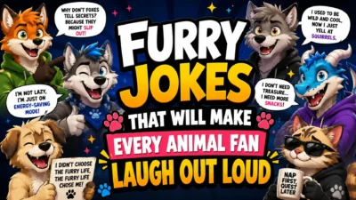 Furry jokes cartoon banner with funny fox, wolf, cat, dog and dragon characters laughing