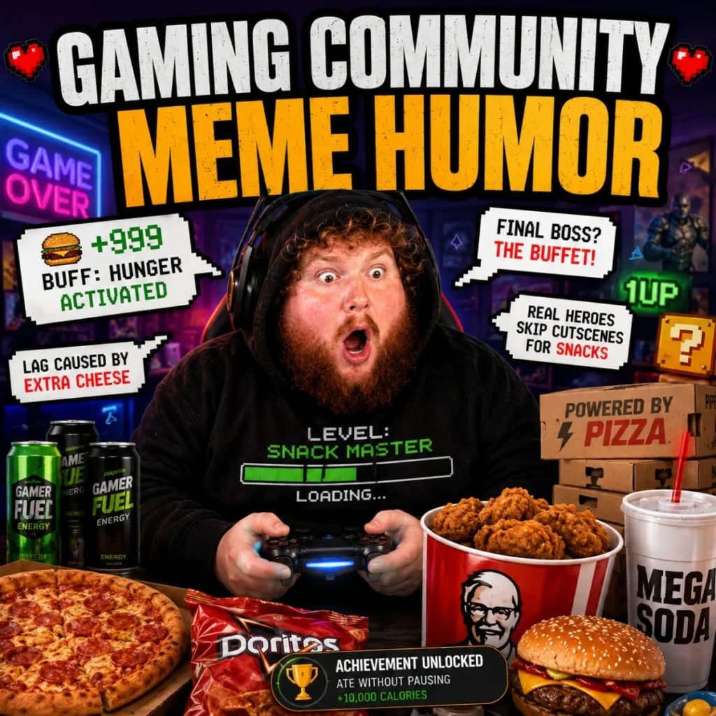 Gaming community meme humor poster with surprised gamer, pizza, snacks, and funny gaming text