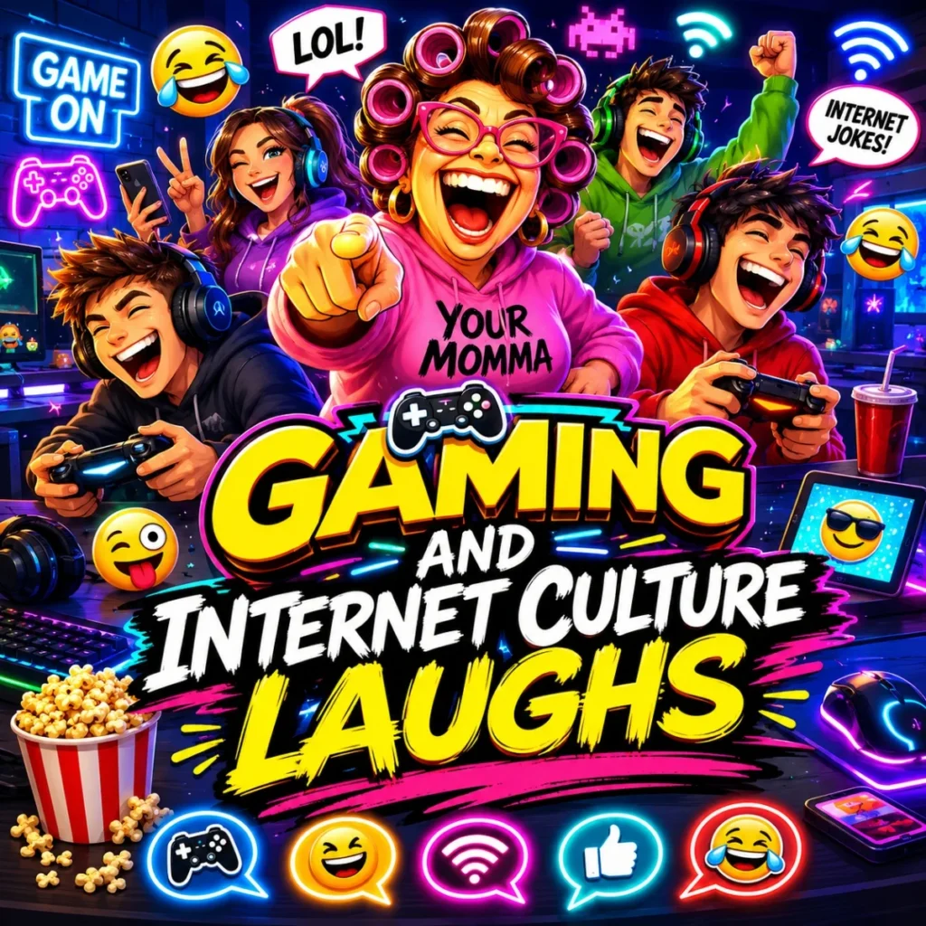Gaming and internet culture laughs image with cartoon mom, memes, controllers, and neon comedy text