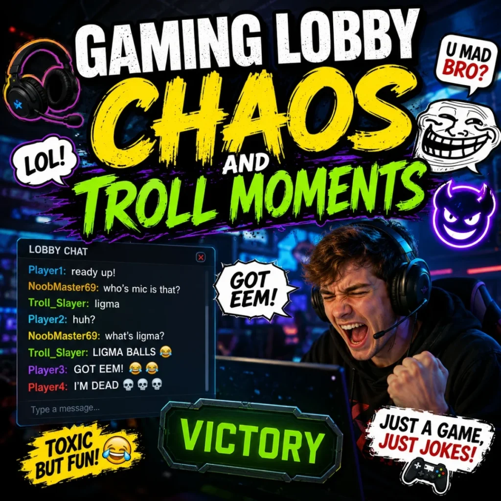 Gaming lobby chaos meme graphic with gamer reaction, troll face, chat box, and victory text