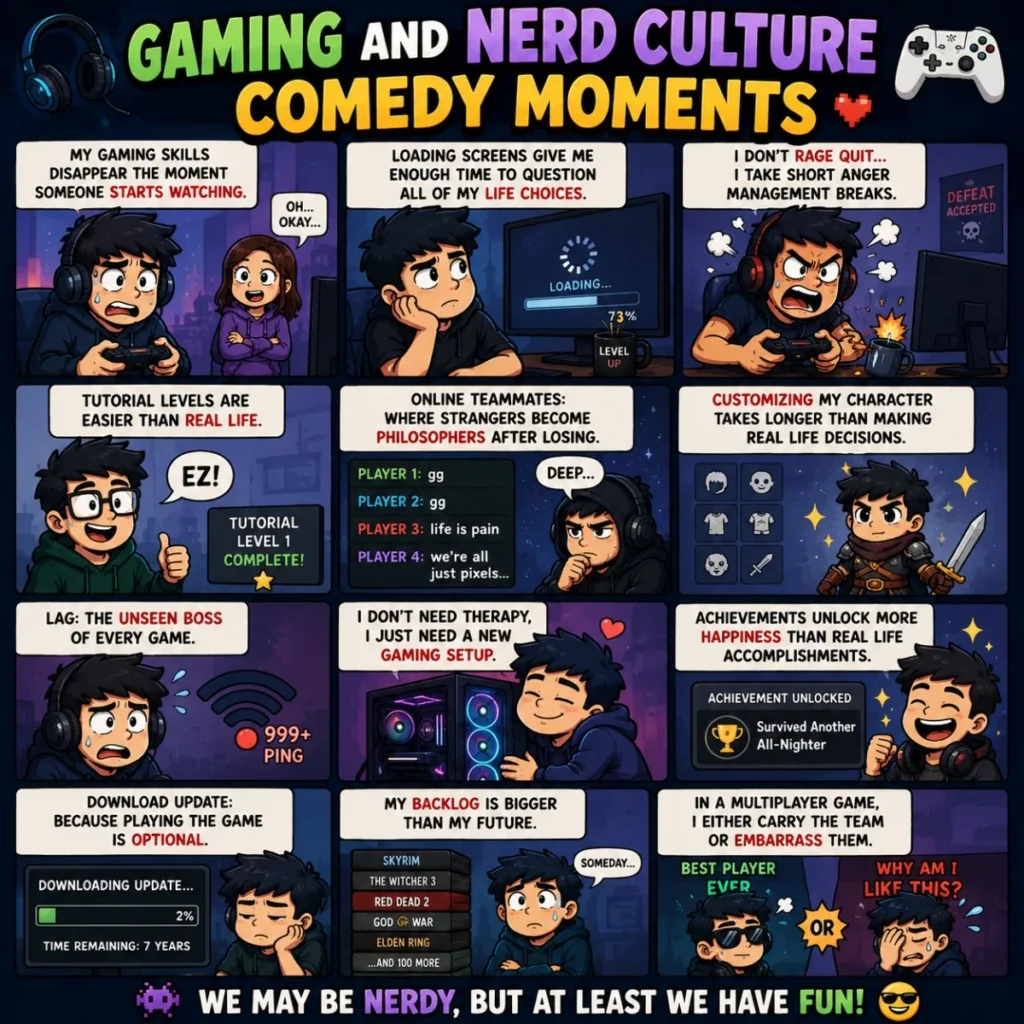 Gaming and nerd culture comedy infographic with funny gamer jokes and cartoon panels